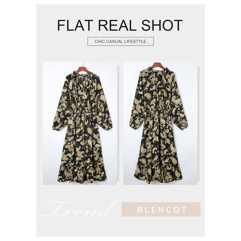 Like New Blencot Black Yellow Paisley Floral Long Sleeve Flowy Maxi Dress L - Picture 9 of 13